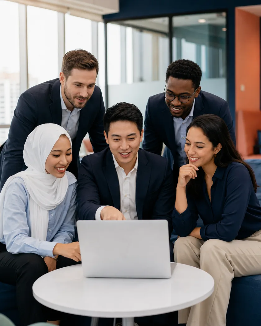 Five Sokratech risk specialists reviewing a fraud case together on a laptop